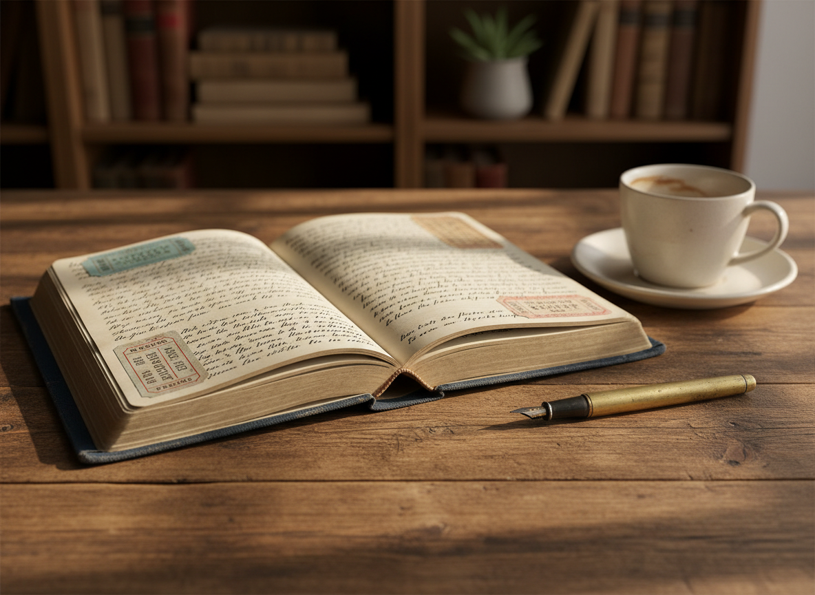 A well-worn hardcover journal with a textured navy cloth cover lies open on a wooden desk, its creamy pages filled with small, neat handwriting and a few taped-in ticket stubs. Beside it rests a vintage brass fountain pen with a slightly tarnished clip and a ceramic mug with faint coffee rings on the saucer. Soft morning sunlight filters through an unseen window, casting gentle, diagonal shadows across the desk grain. The background fades into a subtly blurred bookshelf and a small potted plant. Photographic realism, eye-level composition, and a shallow depth of field create an intimate, reflective mood, perfectly capturing the essence of a personal life story being quietly documented.