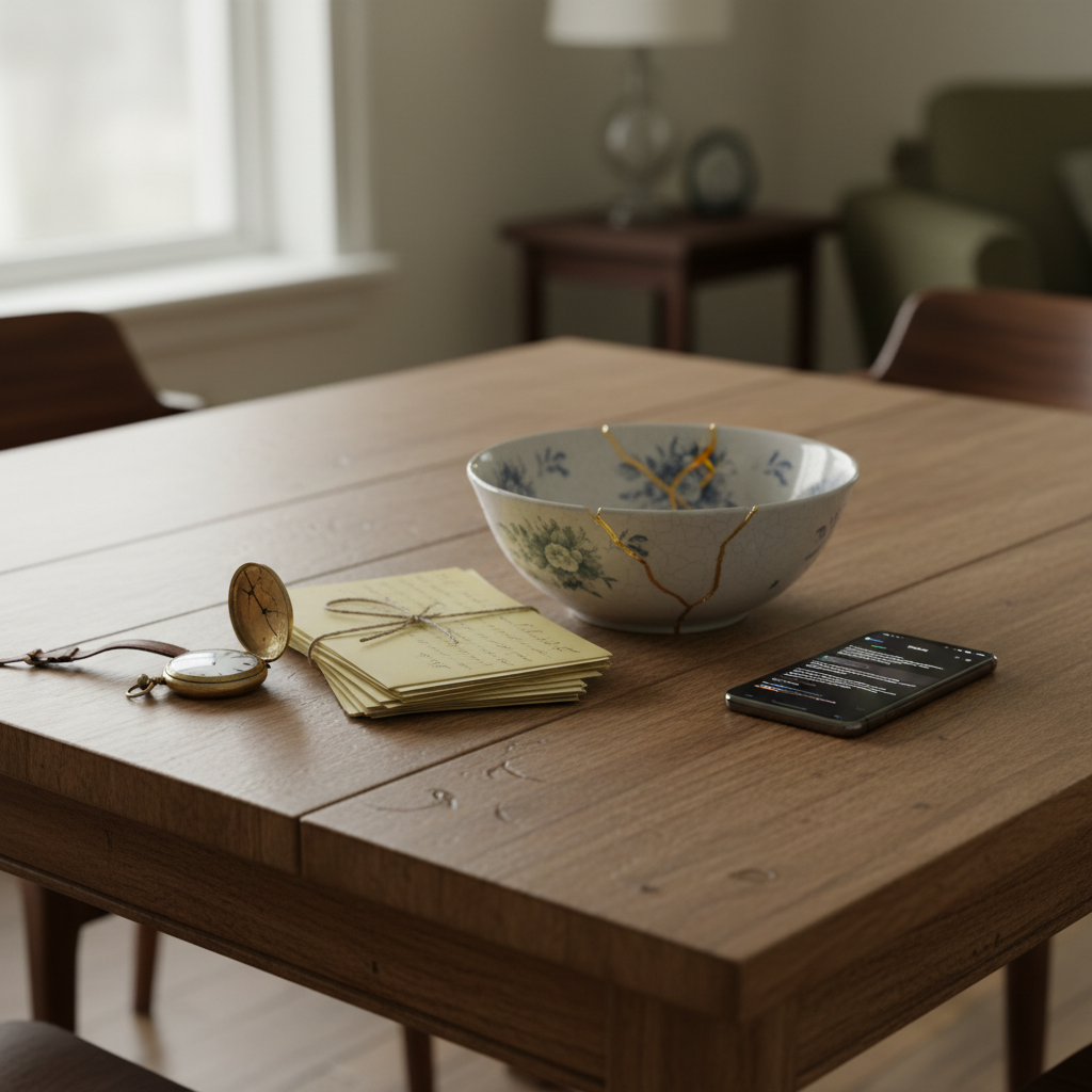 A sturdy wooden dining table displays a scattered collection of life artifacts: a tarnished pocket watch, a bundle of letters tied with fraying twine, a cracked ceramic family heirloom bowl, and a modern smartphone with a glowing notes app. The table’s surface shows subtle scratches and watermarks, hinting at years of use. Diffused overcast light from a nearby window creates a soft, even illumination, with minimal harsh shadows. The background is softly blurred, suggesting a quiet living room with muted tones. Framed in a centered, eye-level composition with photographic realism, the scene feels intimate and authentic, symbolizing the layers and transitions within a life story, from past to present.