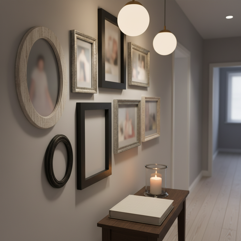 A narrow hallway wall painted in a soft, neutral gray is arranged with mismatched empty picture frames of various sizes and finishes—distressed wood, brushed metal, and simple black. Some frames hold blurred, indistinct shapes, like memories fading at the edges, while others are left completely blank. A small console table beneath holds a single lit candle in a glass holder and a closed linen-covered photo album. Warm pendant lighting above casts gentle, focused pools of light, creating elongated shadows from the frames. Captured at a slight side angle with a shallow depth of field and photographic realism, the image conveys a contemplative, slightly wistful mood about the stories we keep and those we leave untold.
