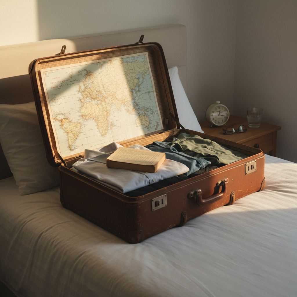 An old, slightly scuffed leather suitcase stands half-open at the edge of a neatly made bed with crisp white linens, revealing a mix of folded clothes, a worn paperback novel, and a small, faded map. On the bedside table, a simple analog alarm clock and a pair of reading glasses rest beside a glass of water. Late afternoon light streams in from the left, creating a warm golden stripe across the suitcase and headboard, with soft shadows pooling in the corners of the room. Shot from a slightly elevated angle in photographic realism, the composition uses the rule of thirds to suggest a life in motion and the ongoing journey of a personal story.